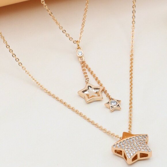 Rose Gold Double Layer Star Charm Necklace – Elegant & Stylish, XPNL0394 - Picture 1 of 13